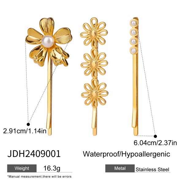 1 set simple series sweet flowers stainless steel  gold color artificial pearl women's hair clips