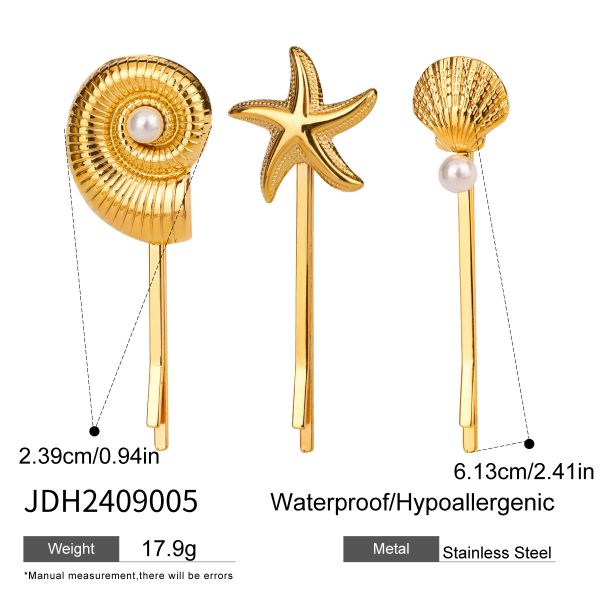 1 set simple series sweet shell stainless steel  gold color artificial pearl women's hair clips