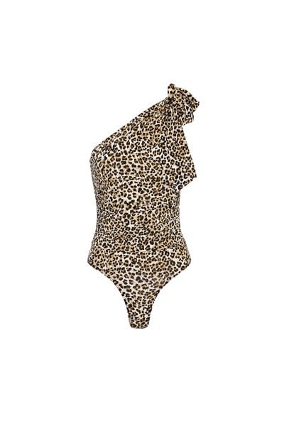 One shoulder panther print body - brown