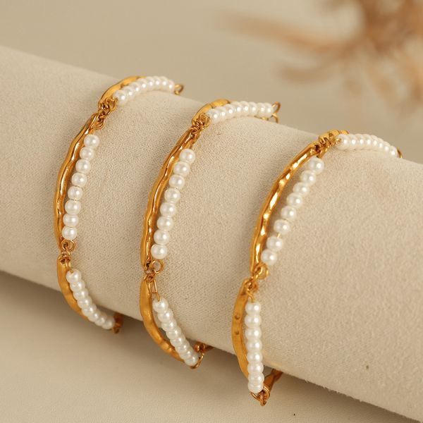 1 piece simple series simple beads stainless steel 18k gold color plated artificial pearl women's beaded bracelets