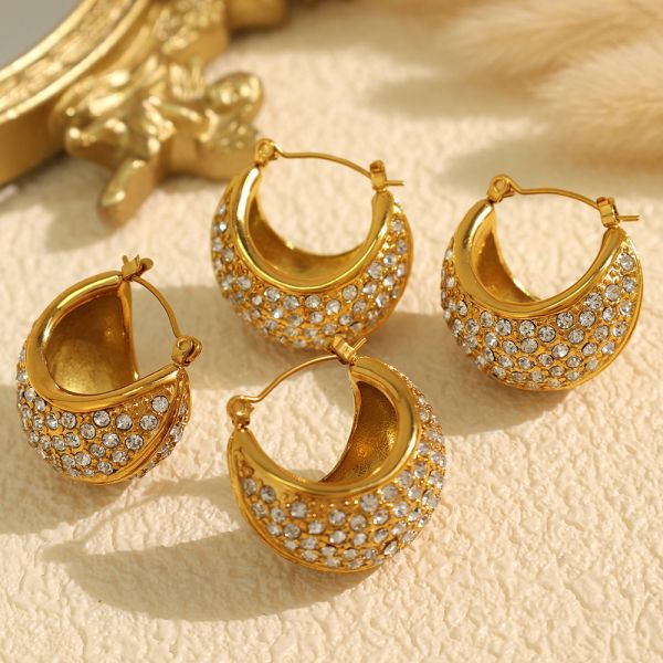 1 pair luxurious series classic geometric stainless steel 18k gold color plated rhinestone women's hoop earrings