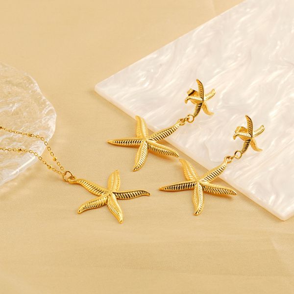 1 pair simple series classic starfish stainless steel 18k gold color plated women's dangle earrings