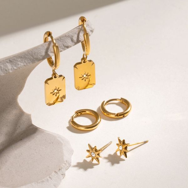 1 set simple series retro eight-pointed star stainless steel  gold color rhinestone women's earrings set