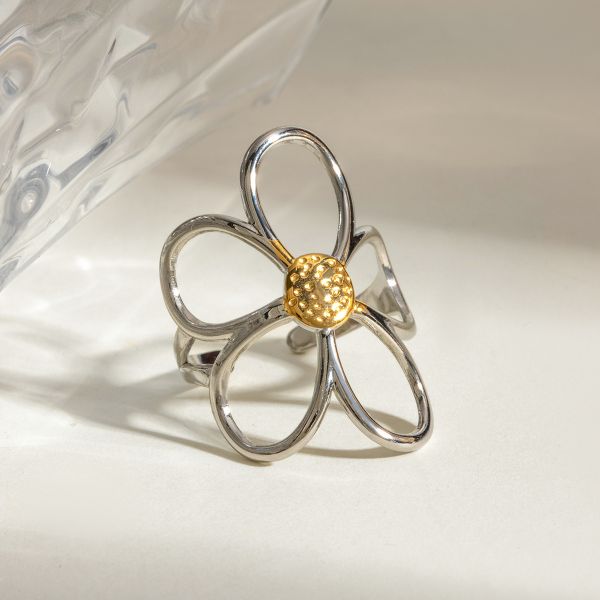 1 piece light-luxury retro style flower shape stainless steel  gold silver color women's adjustable ring