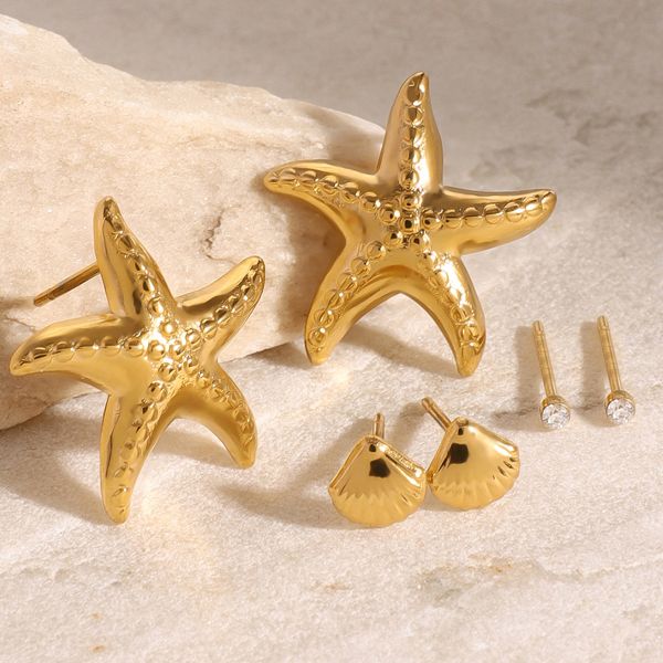 1 set romantic series daily starfish stainless steel  gold color rhinestone women's earrings set