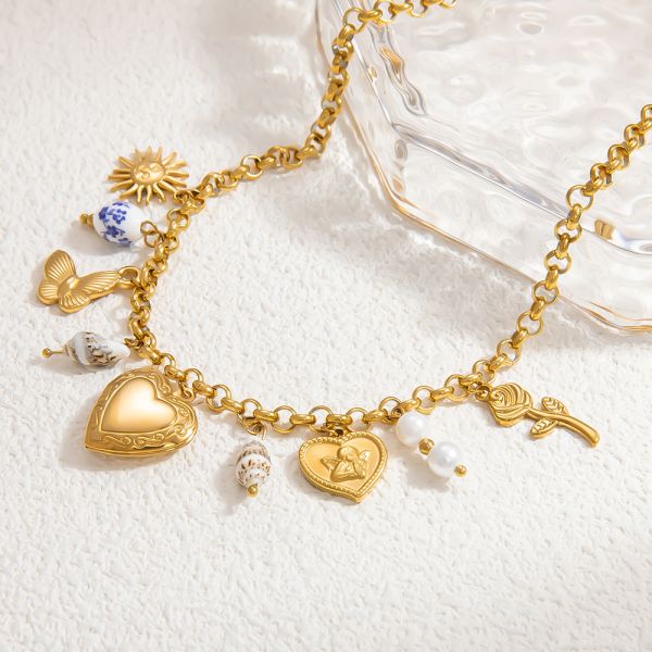 1 piece luxurious series cute heart stainless steel  gold color artificial pearl women's pendant necklaces