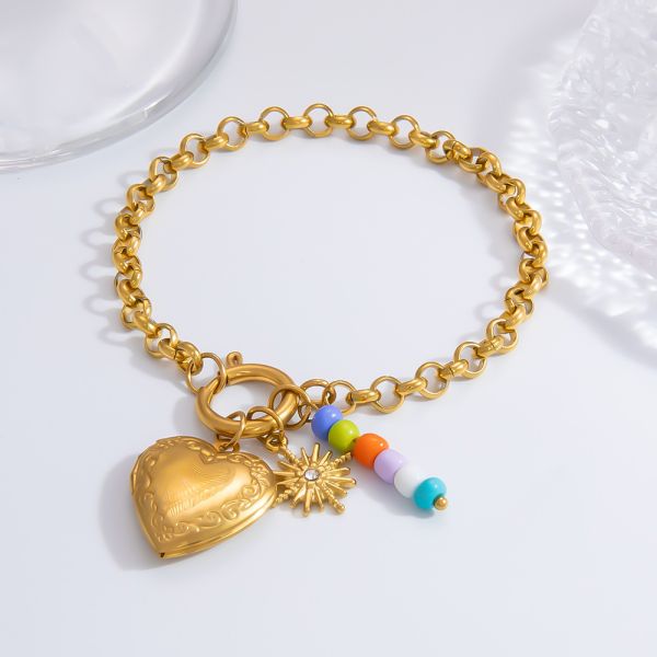 1 piece classic series daily heart stainless steel  gold color rhinestone women's charm bracelets