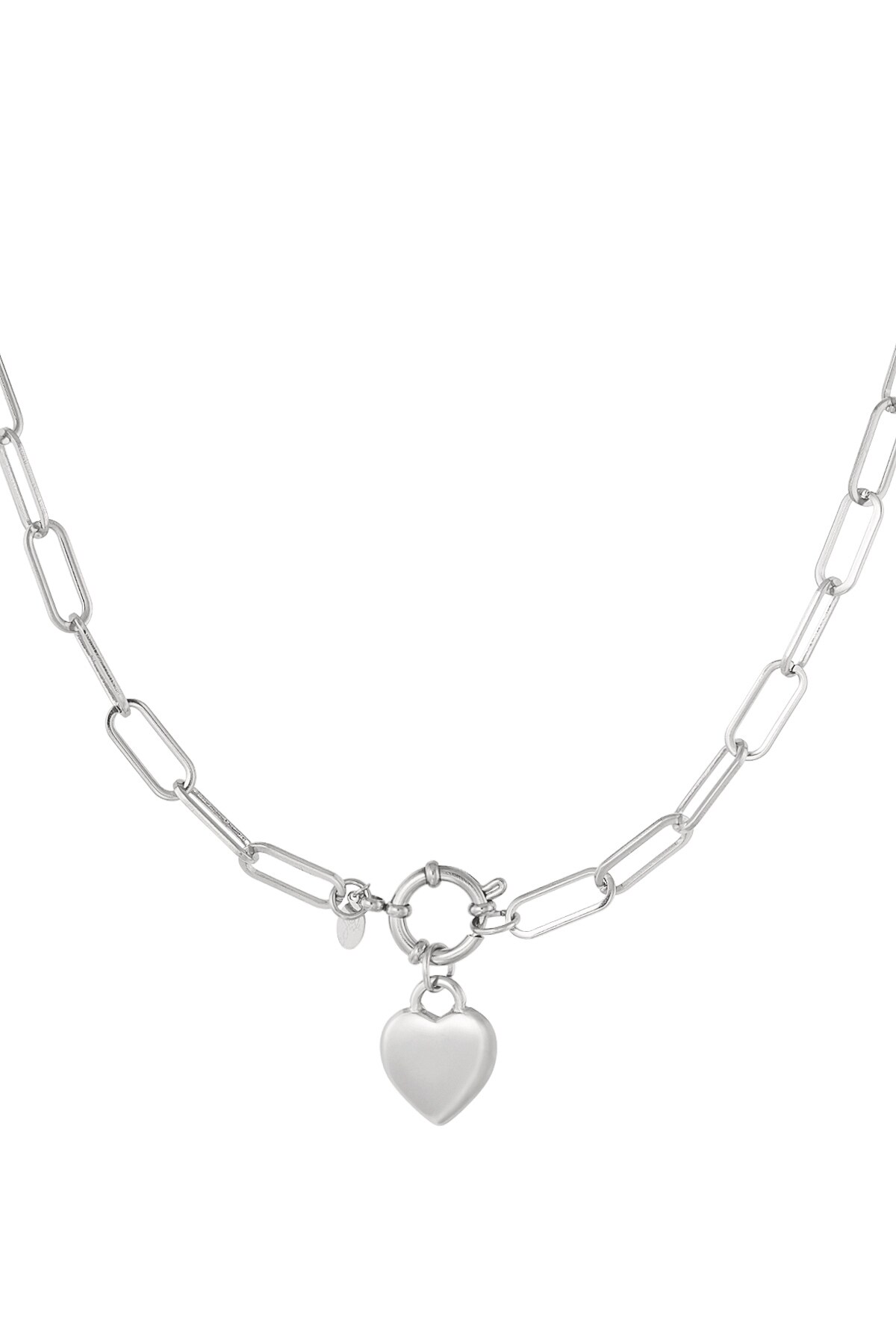 Link chain heart charm and round clasp - Silver color h5 