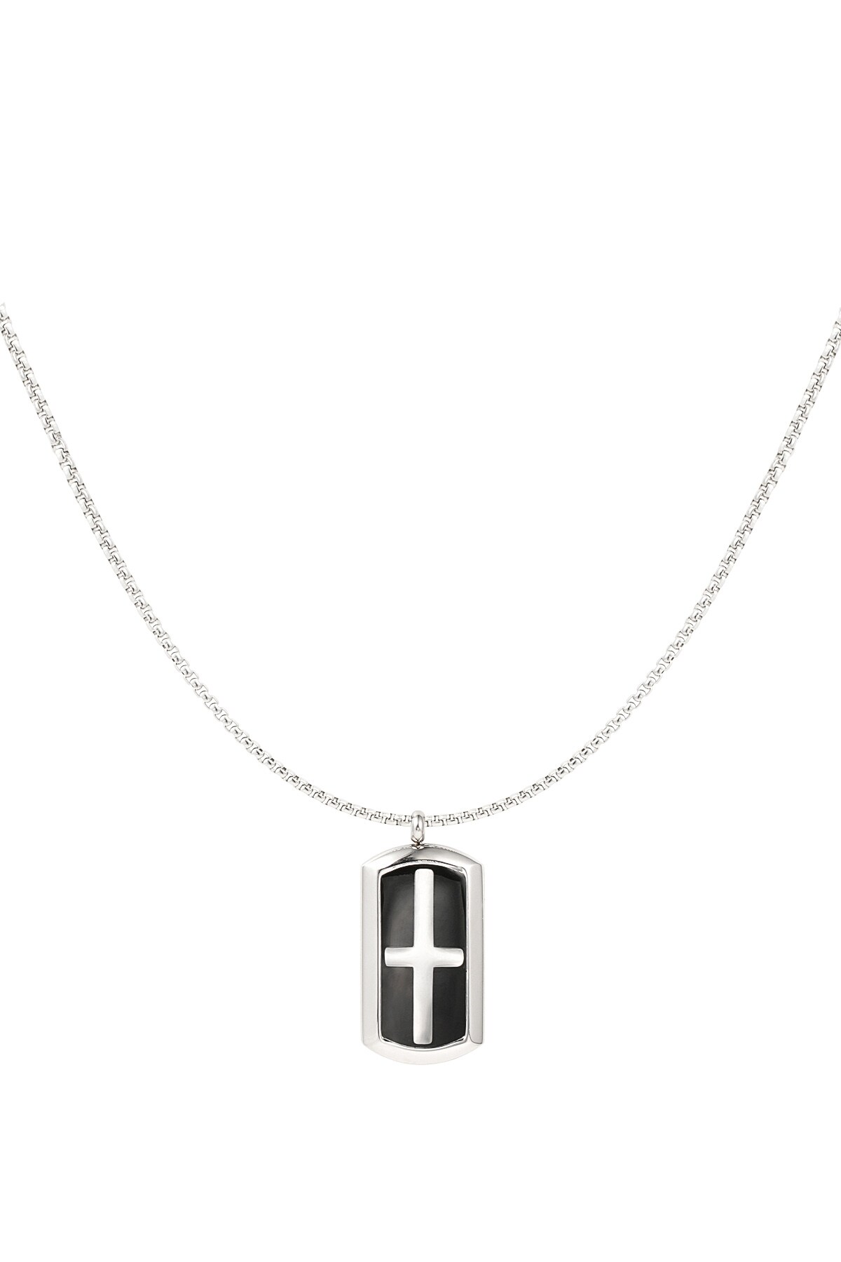 Men's necklace rectangular cross charm - silver/black 