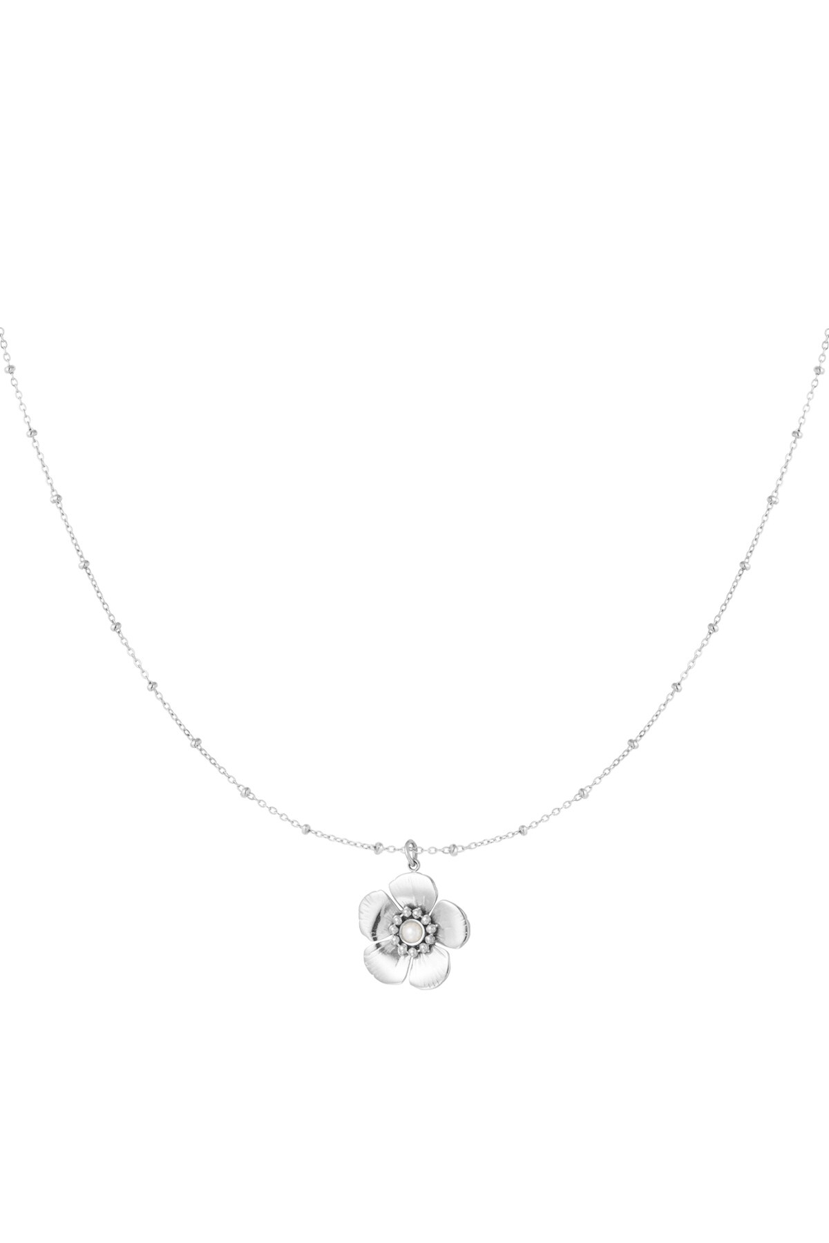 Ball necklace with flower pendant and pearl - Silver color h5 