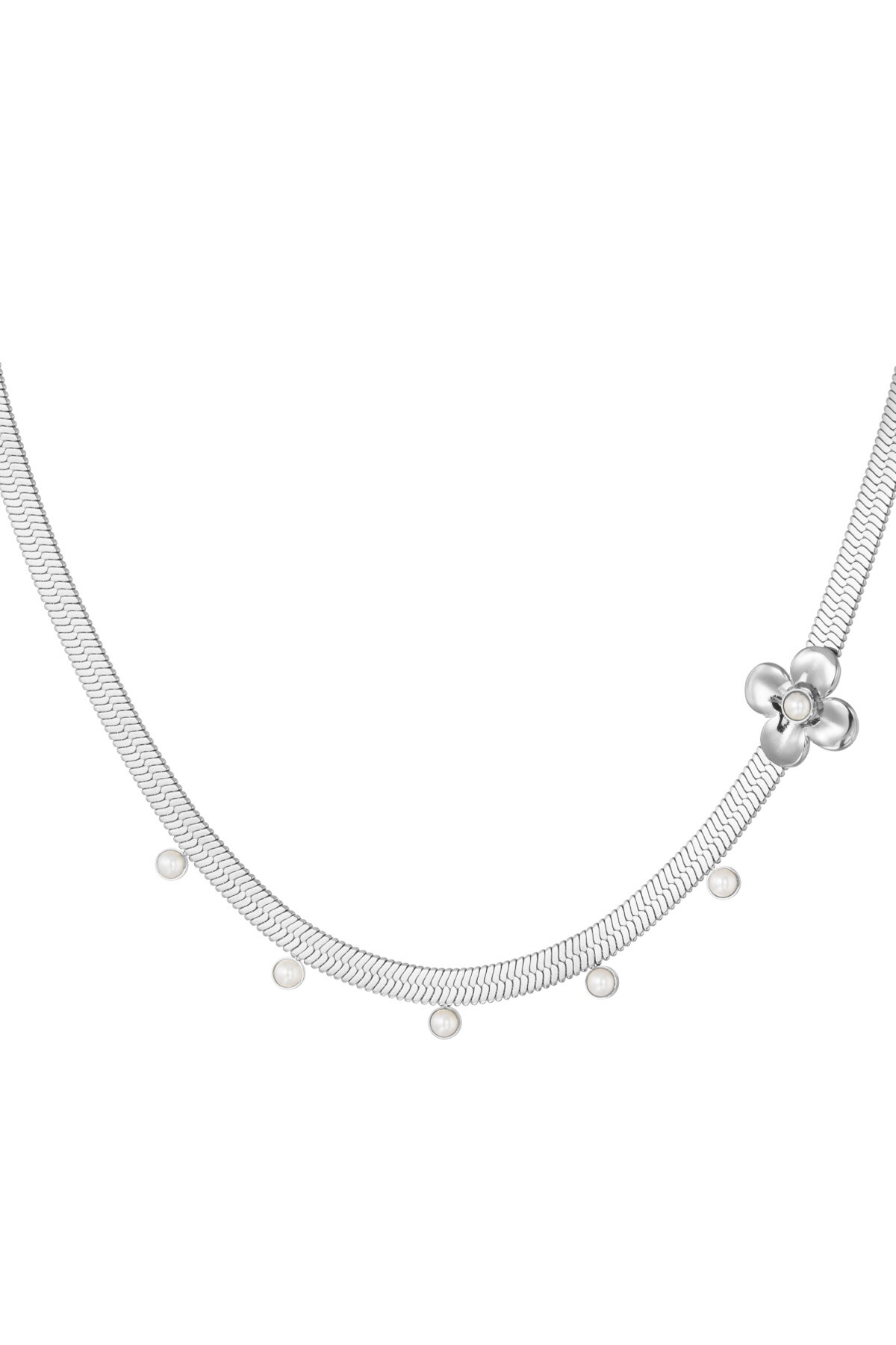 Flat chunky necklace with flower pendant - Silver color h5 