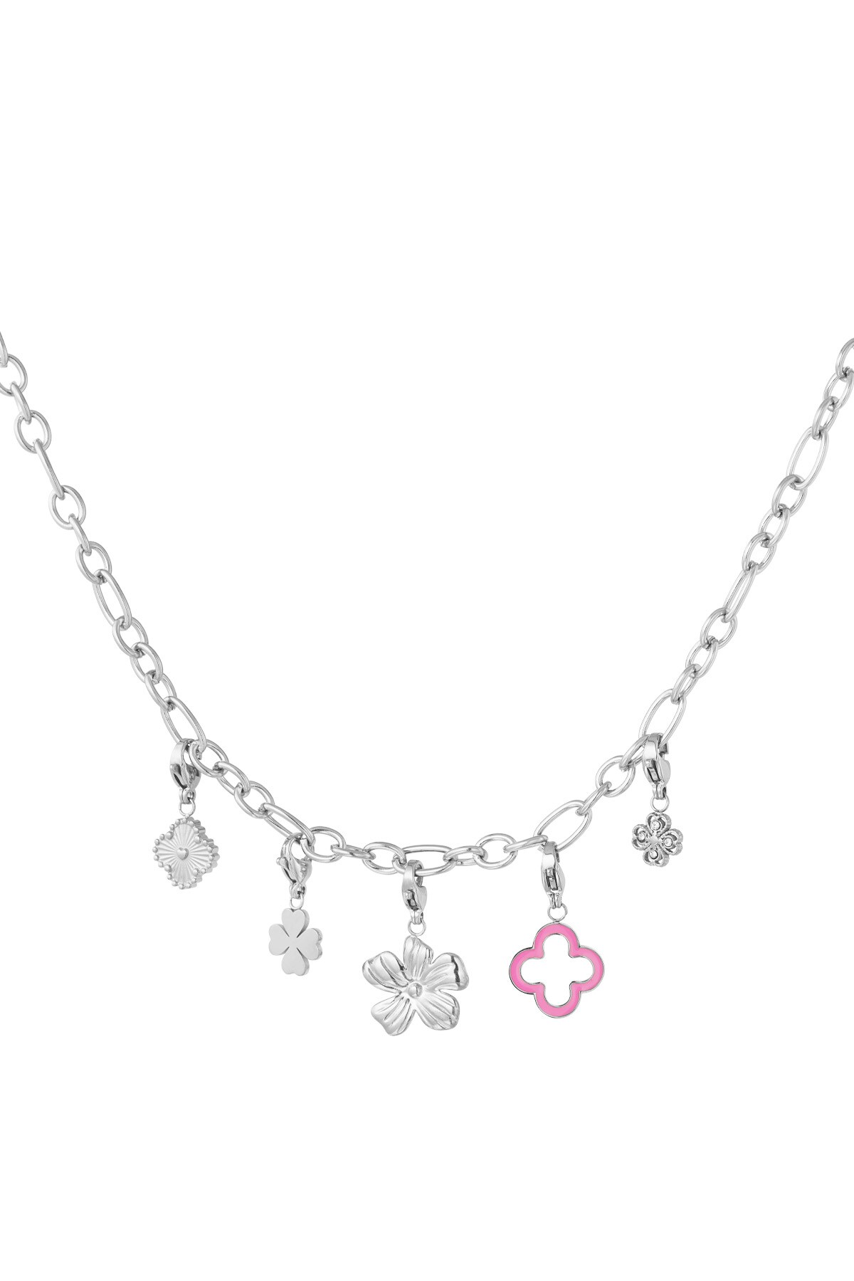 Necklace with clover and flower charms - Silver color h5 