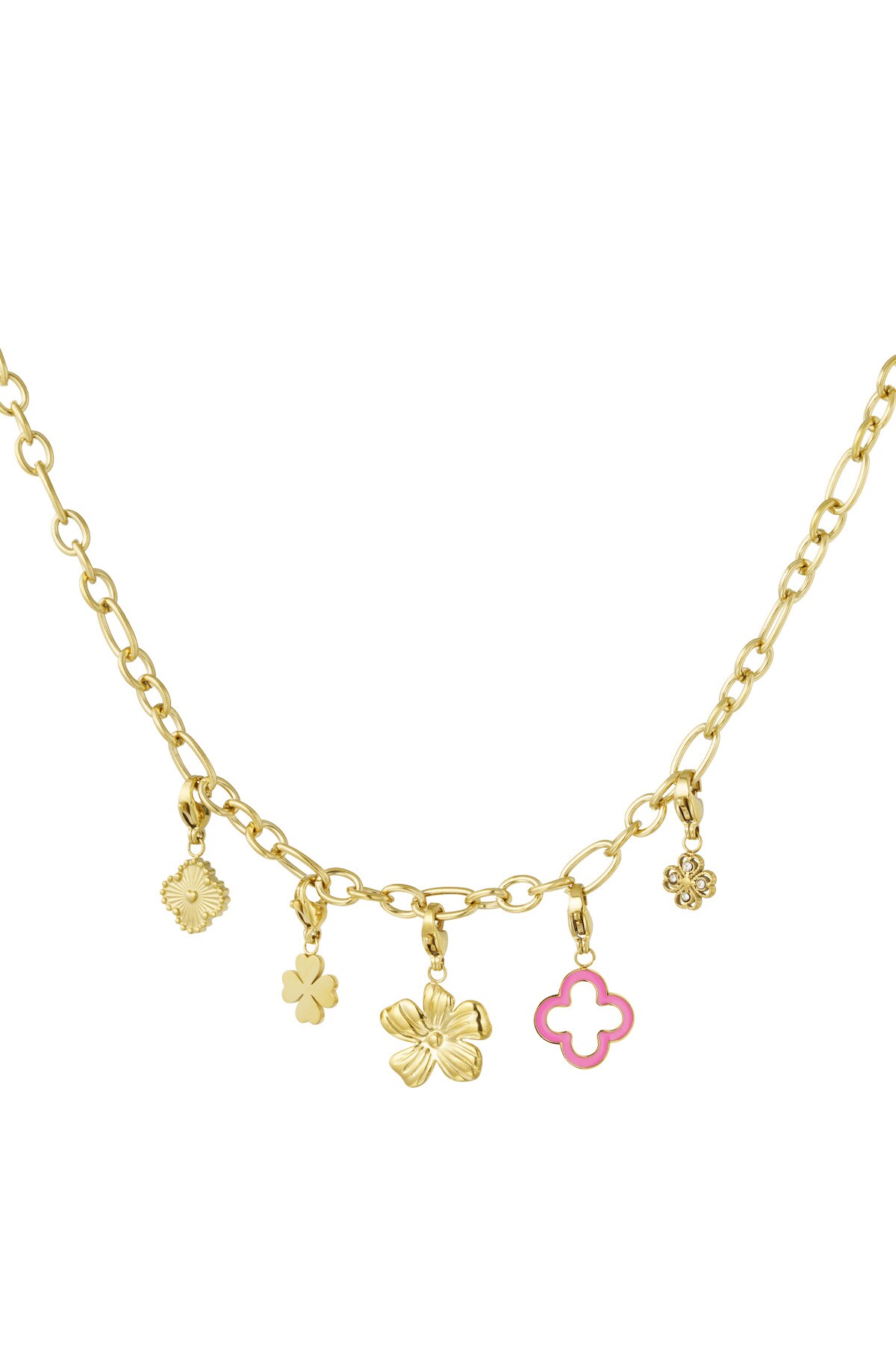 Necklace with clover and flower charms - Gold color 