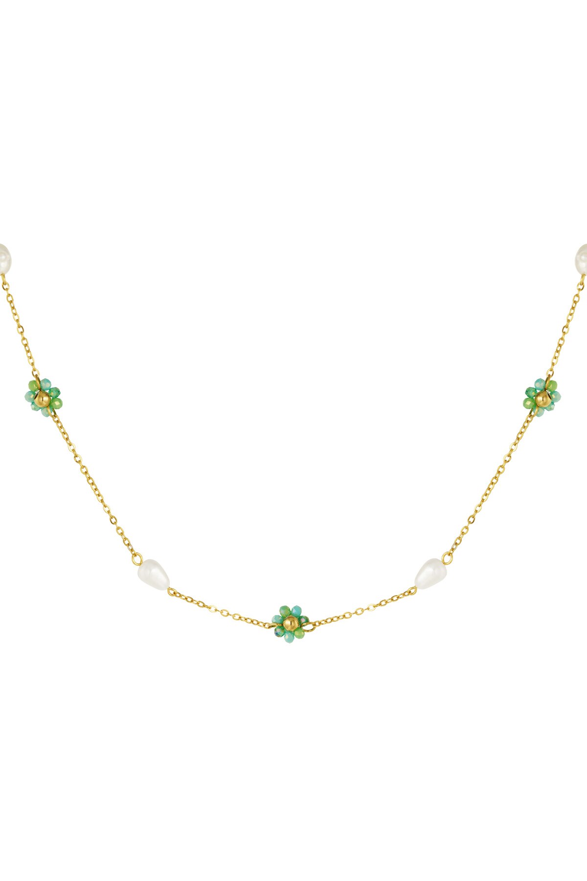 Necklace with flower and pearl charms - green/gold  h5 