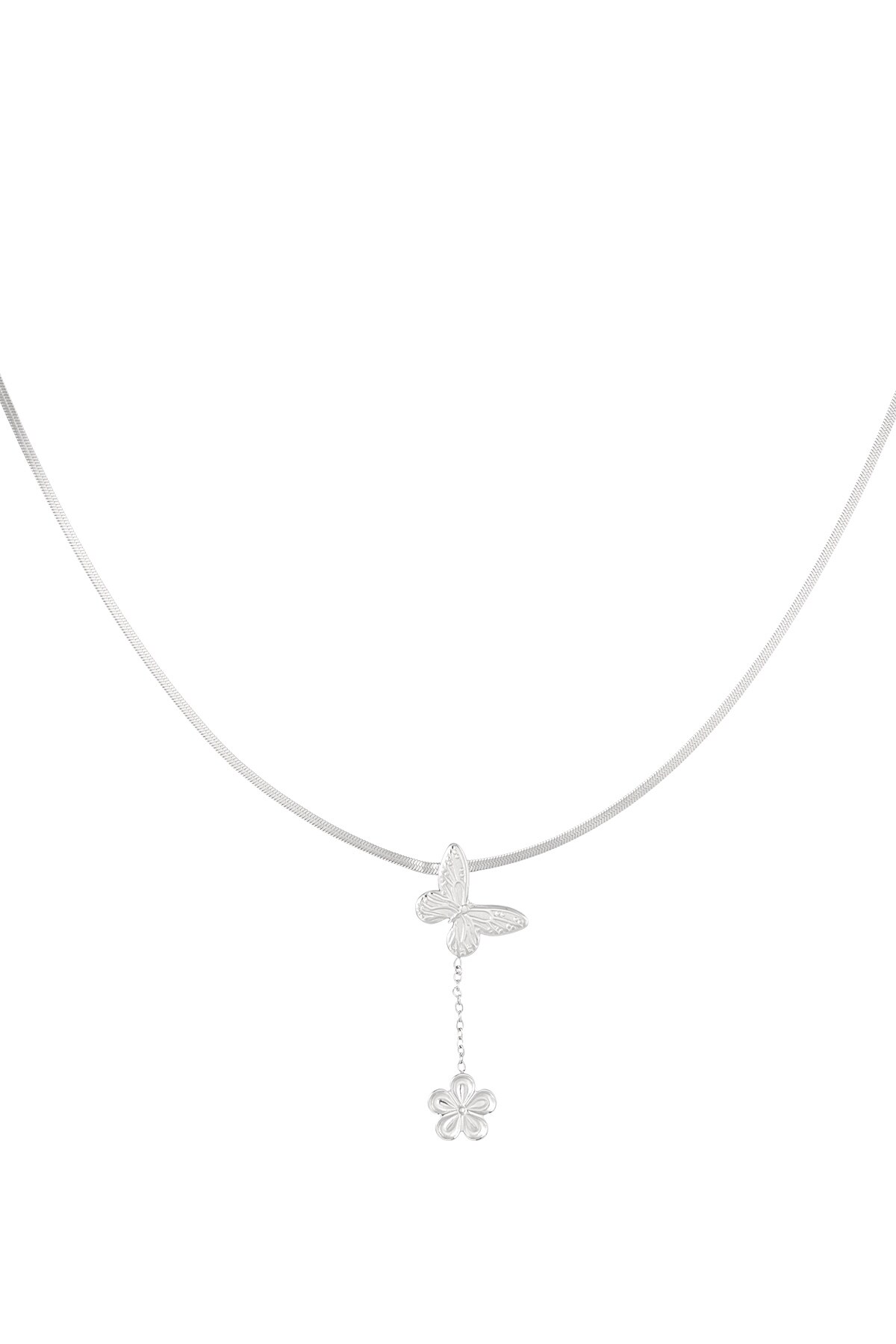 Classic necklace with butterfly and flower charm - Silver color h5 