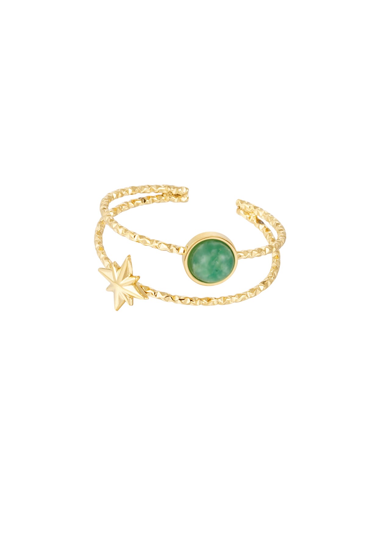 Double ring natural stone and star green - Gold color 