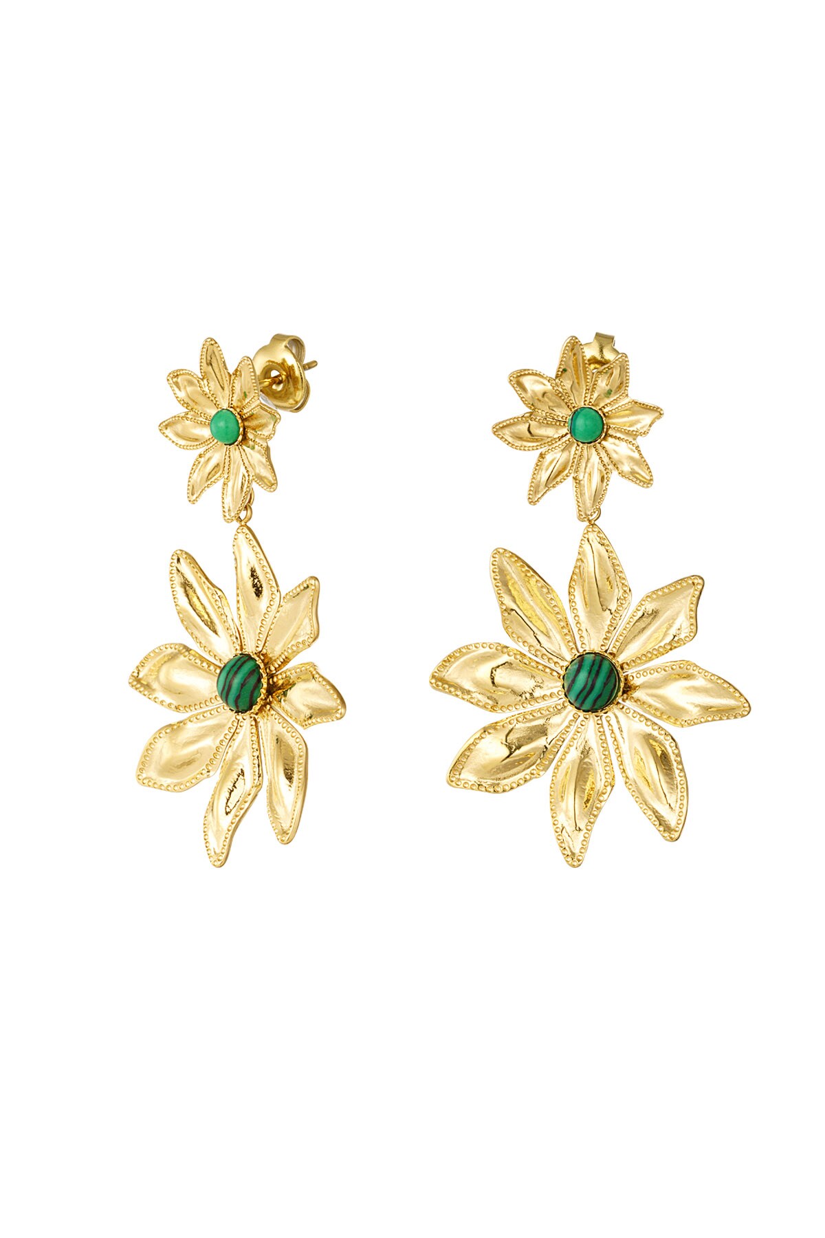 Double flower earrings - gold/green 