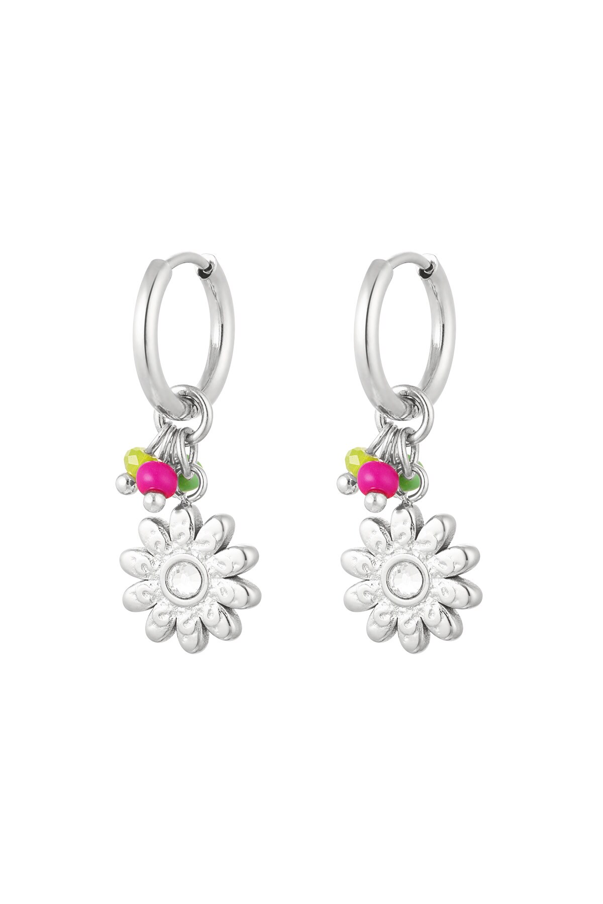 Earrings beads with flower - Silver color h5 