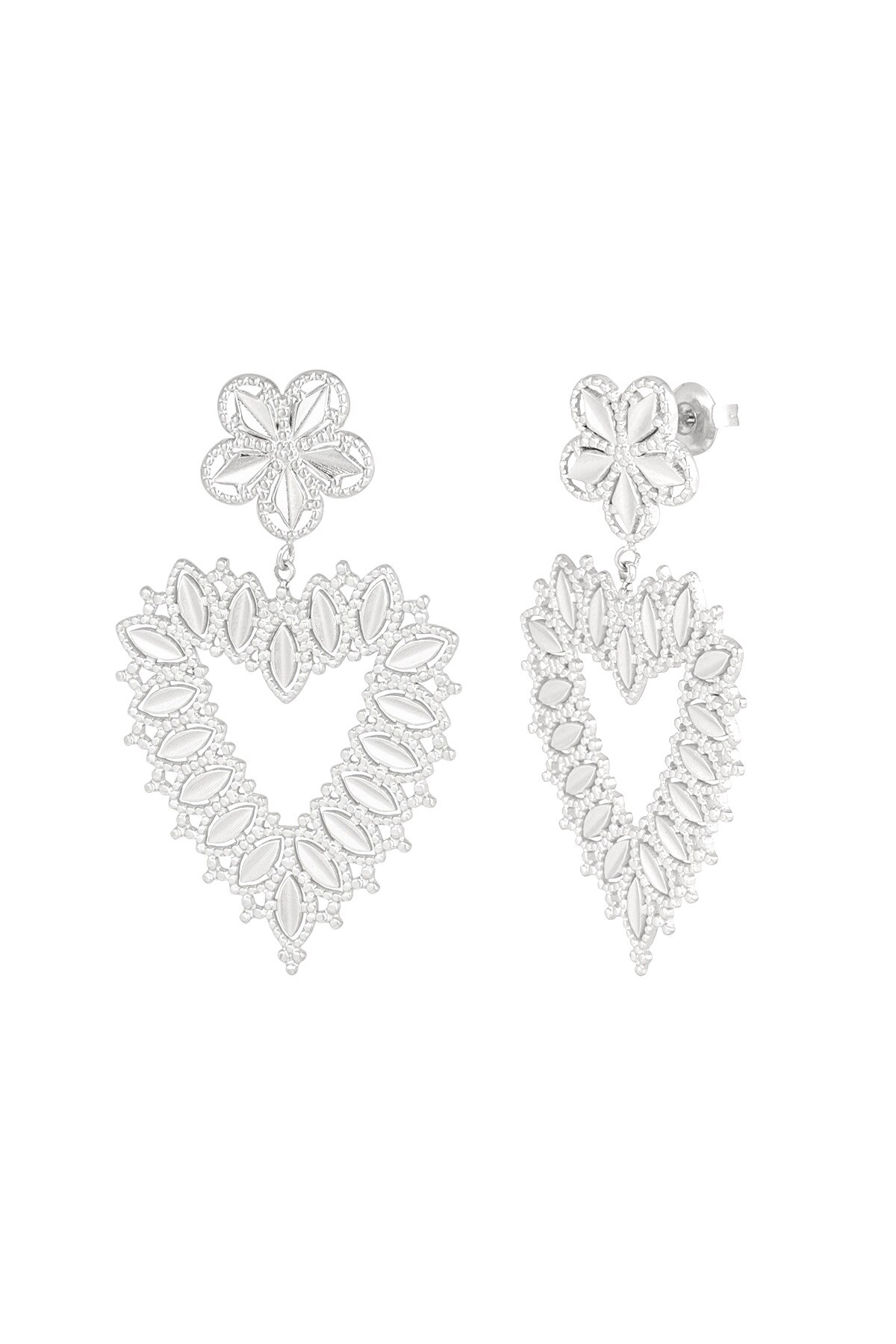 Flower earrings with heart shape pendant - Silver color h5 