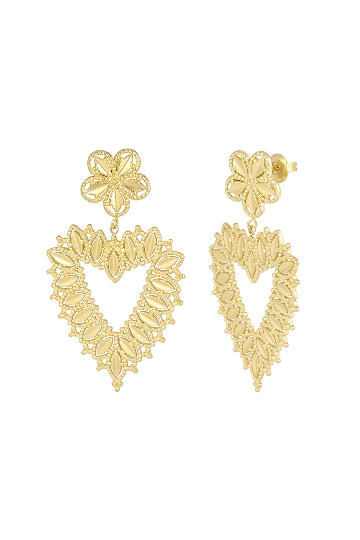 Flower earrings with heart shape pendant - Gold color h5 