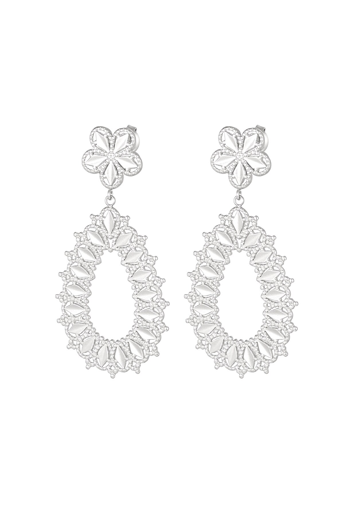 Flower earrings with oval pendant - Silver color h5 