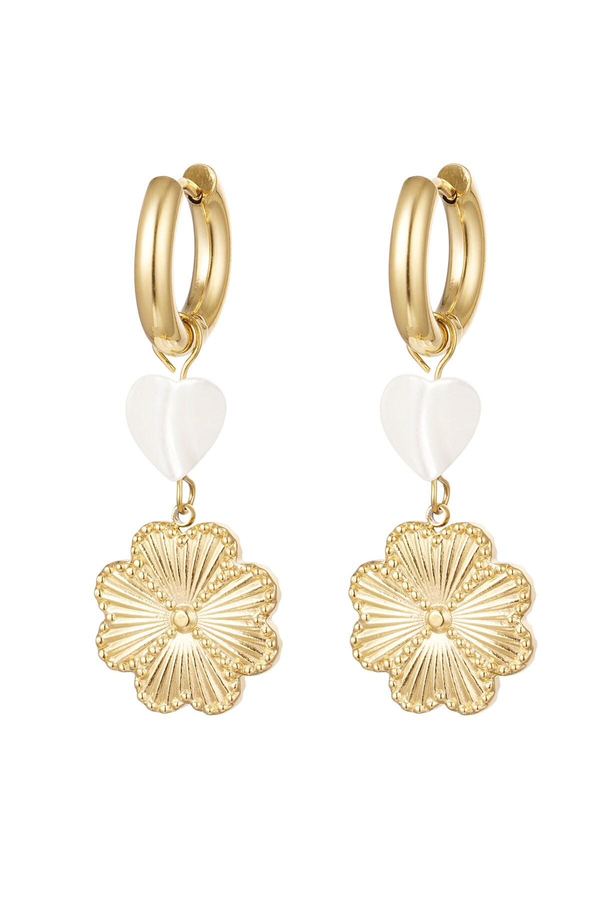 Earrings with charms heart & flower - gold Stainless Steel 