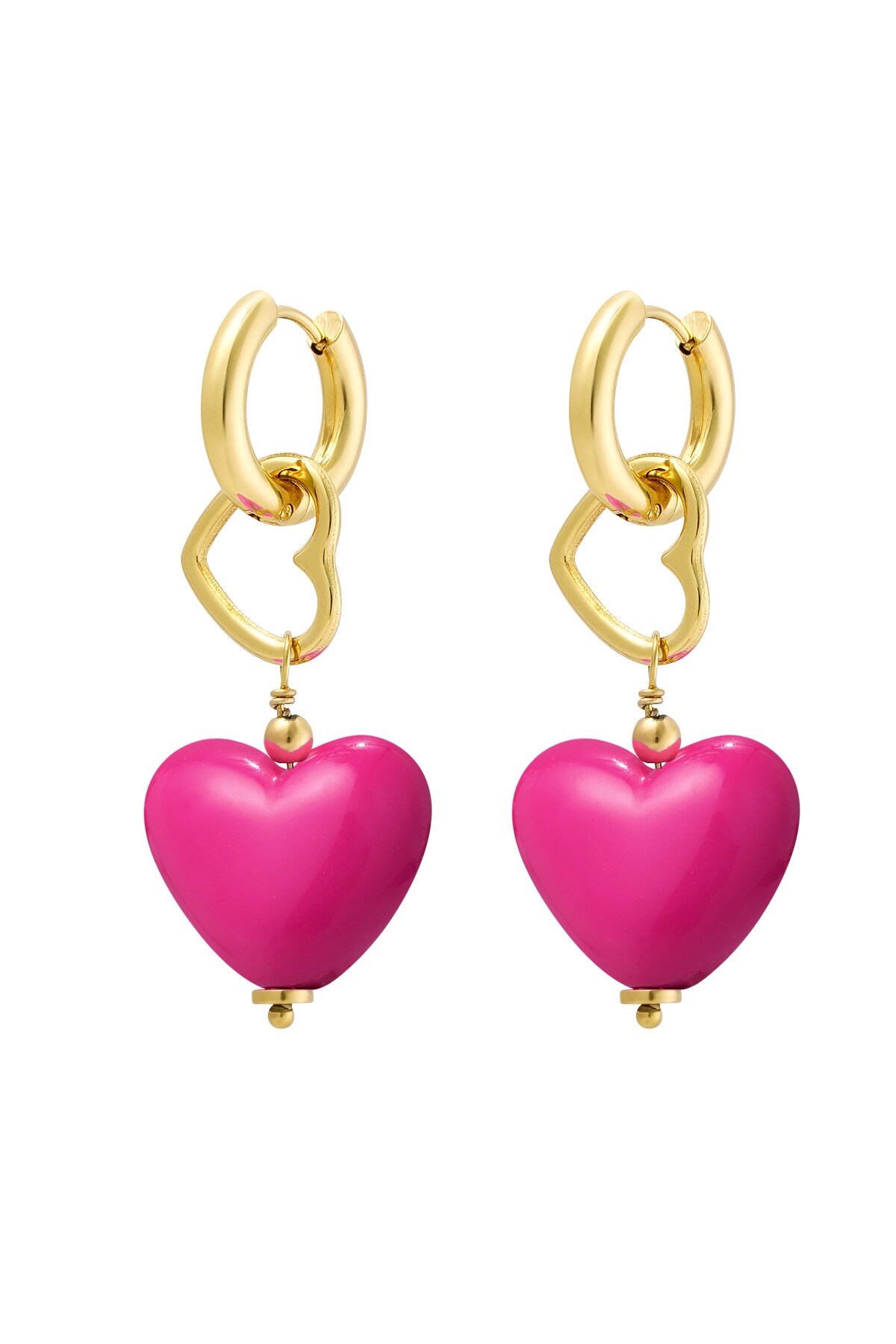 Earring double hearts pink - Gold color h5 