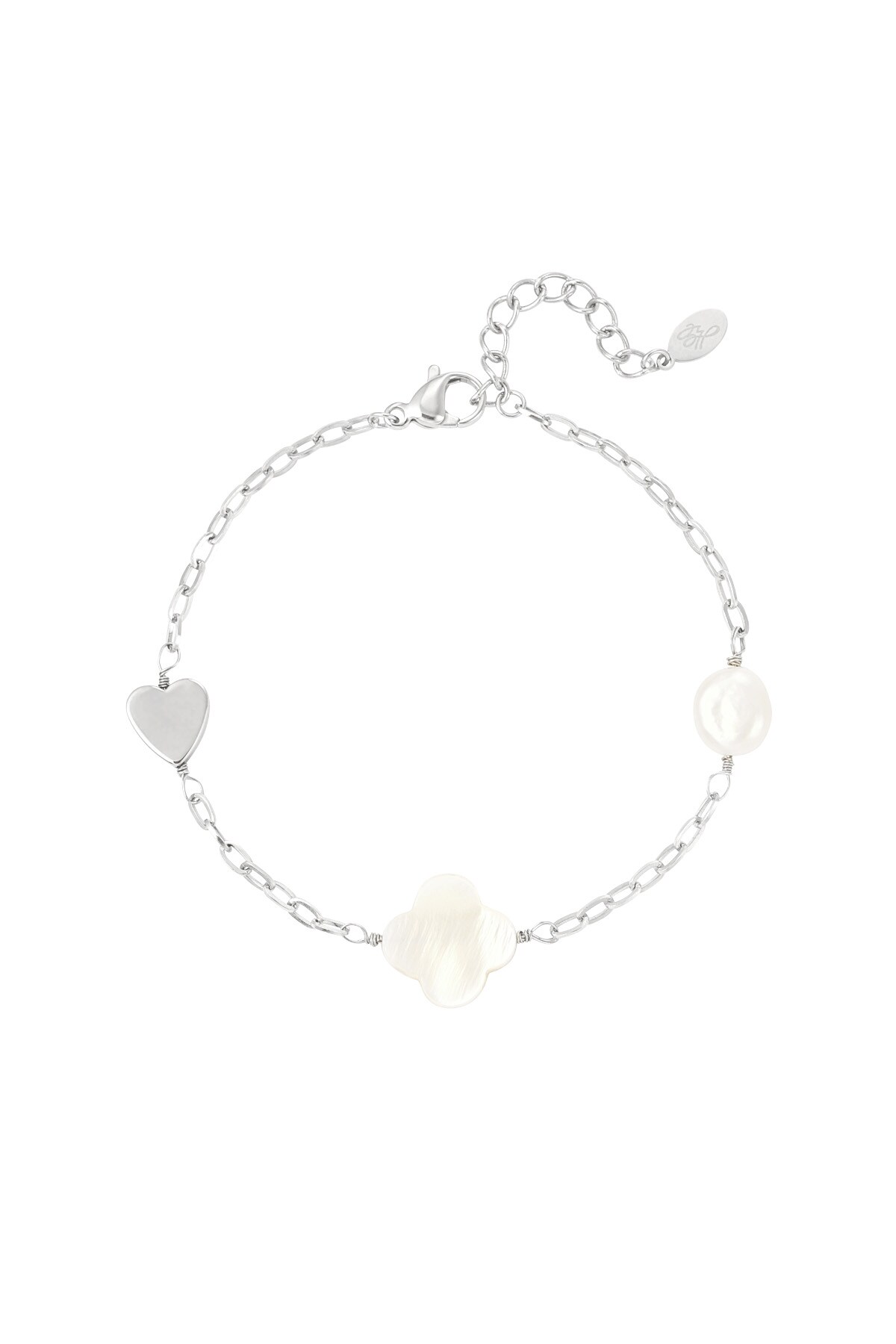 Bracelet pearl, heart & clover - Silver color h5 