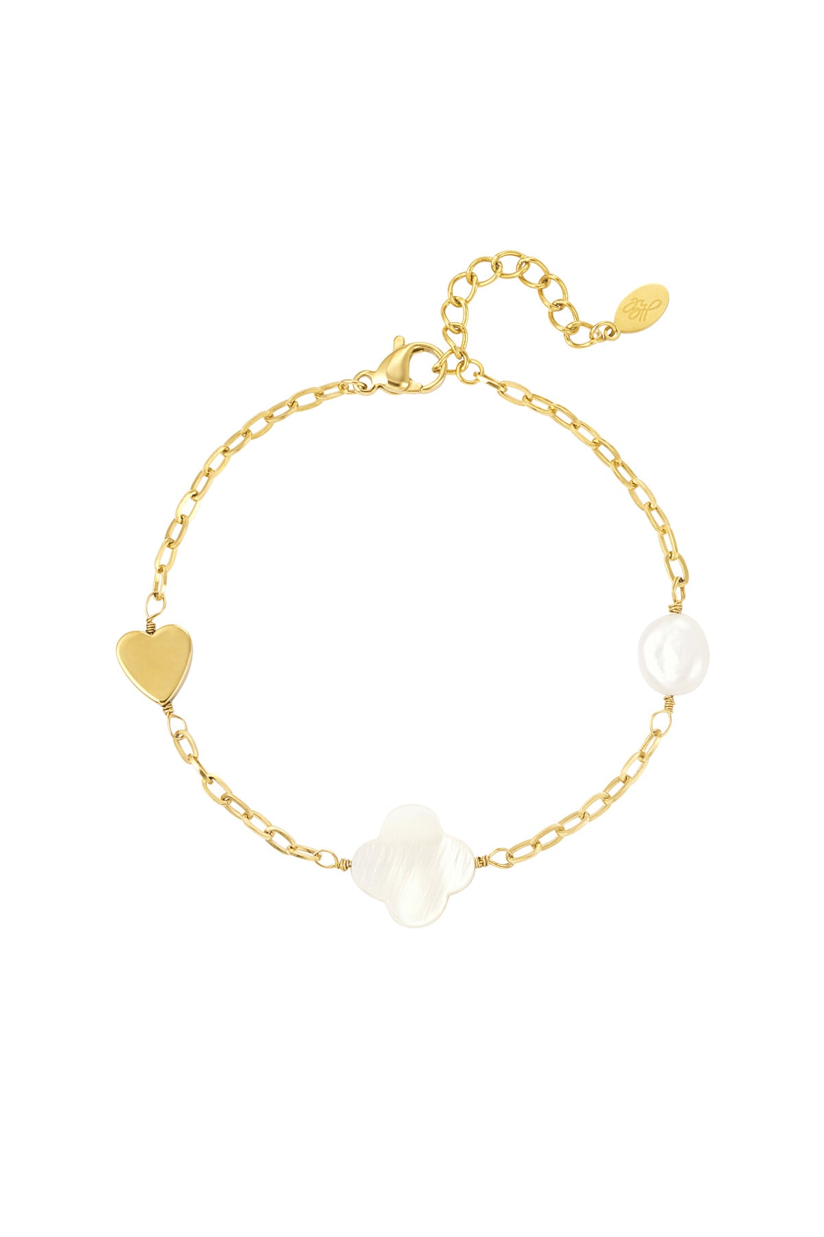 Bracelet pearl, heart & clover - Gold color h5 