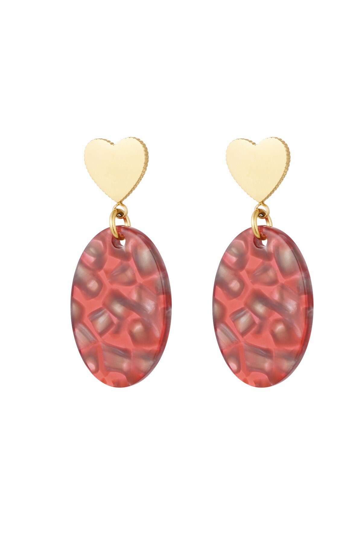 Earring heart and oval red - Gold color 