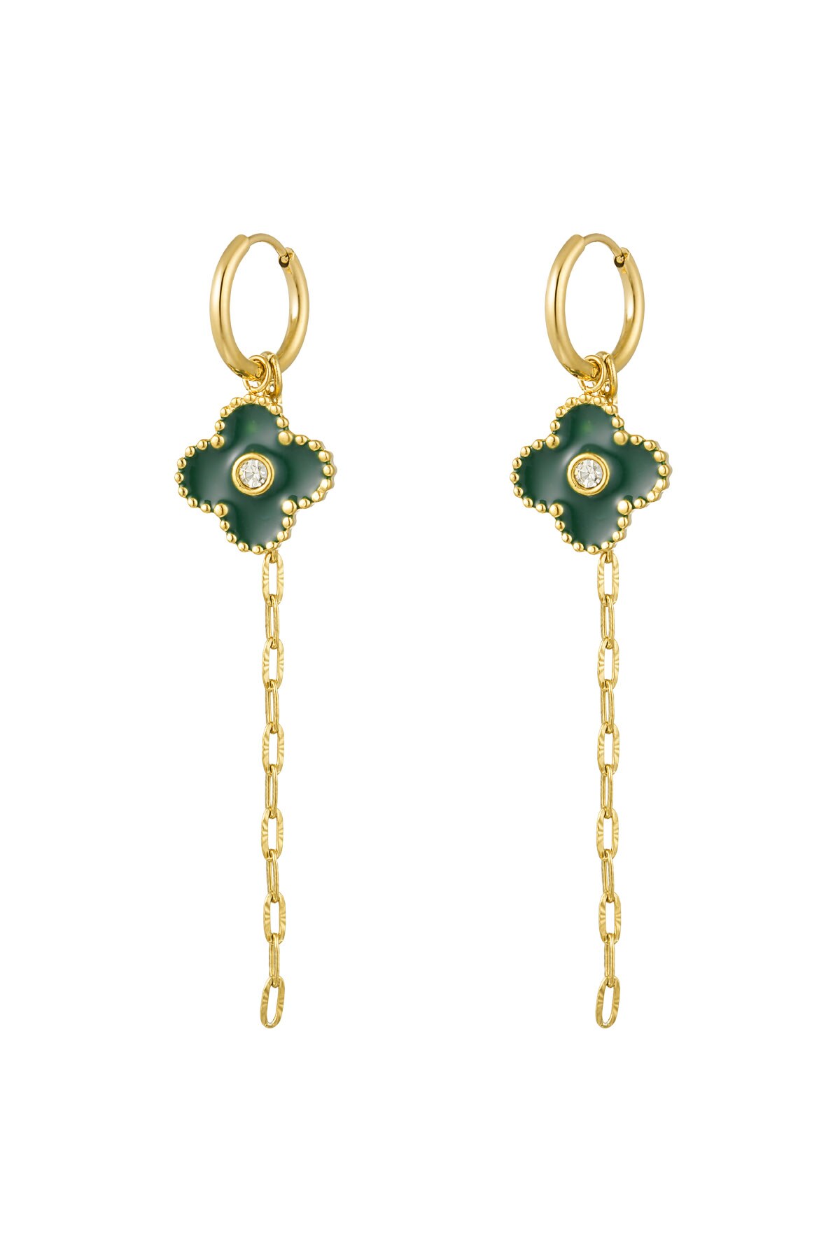 Earring clover with chain green - Gold color h5 