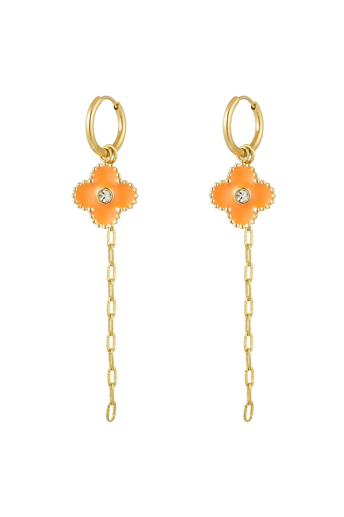 Earring clover with chain orange - Gold color h5 