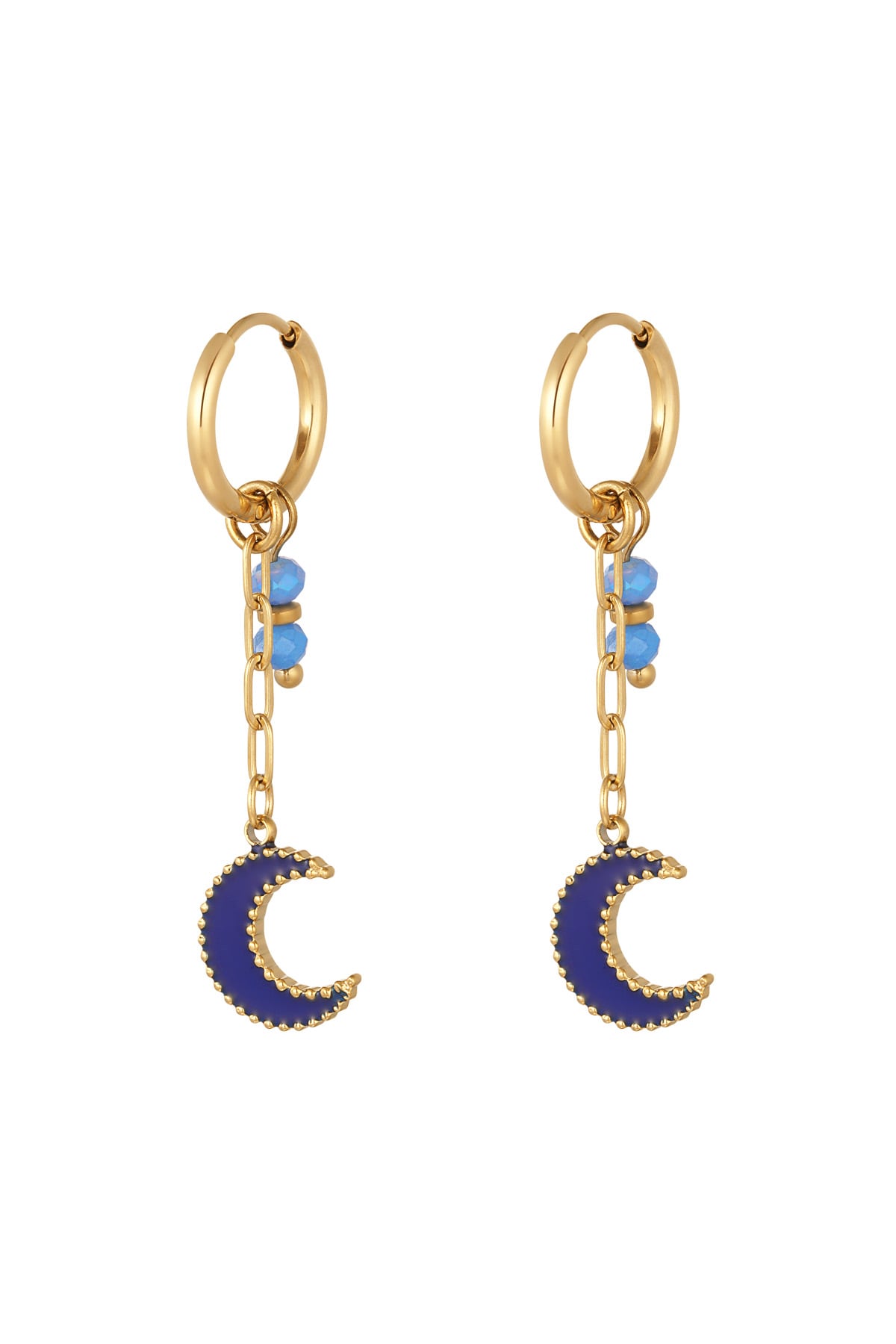 Earrings with beads and moon pendant blue - Gold color 