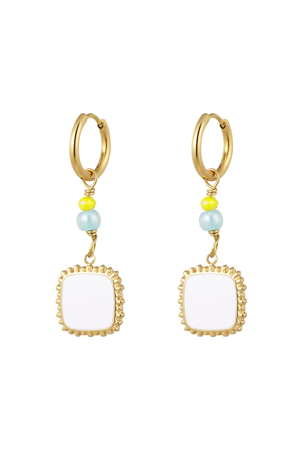 Earrings with beads and square pendant white - Gold color 