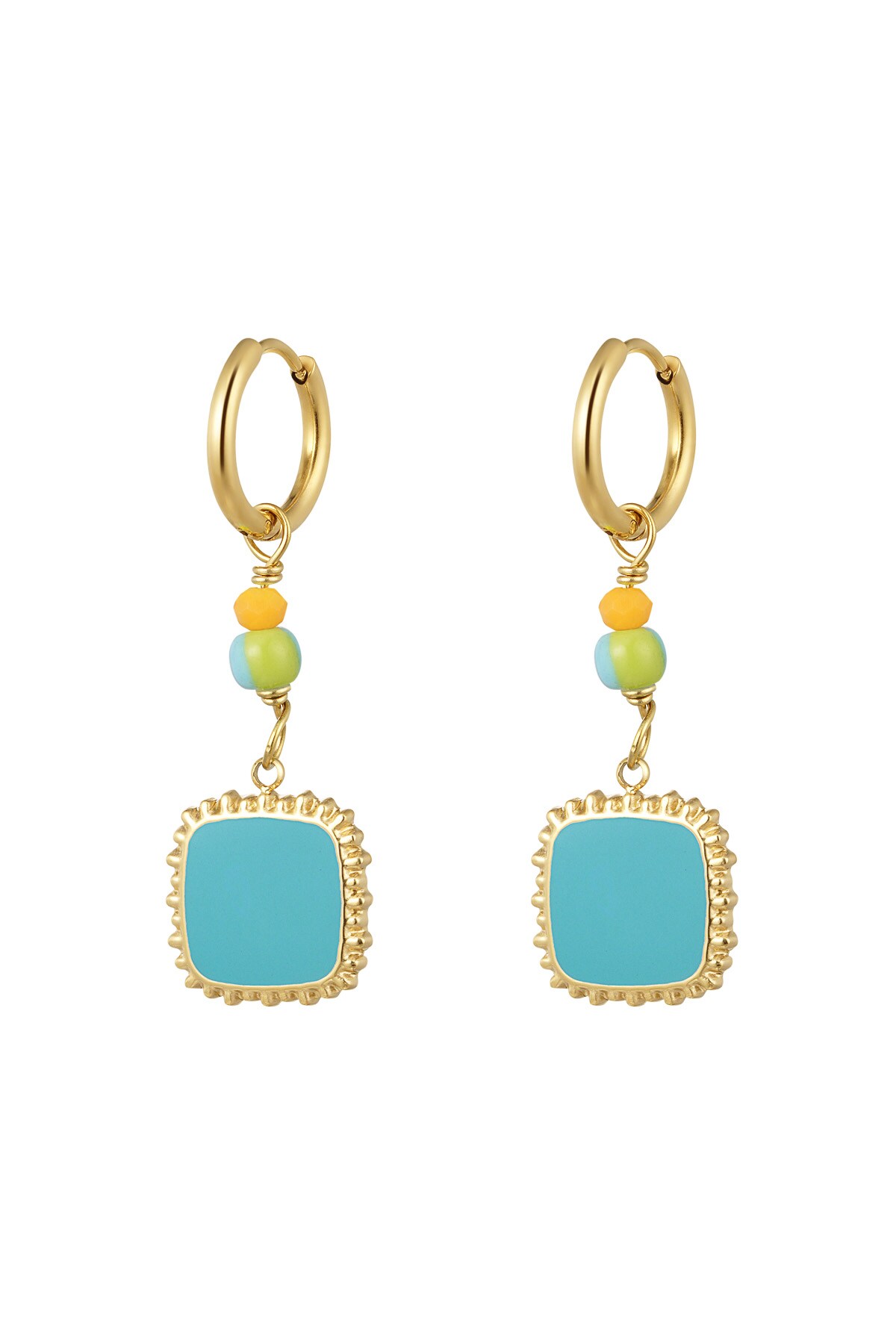 Earrings with beads and square pendant blue - Gold color 