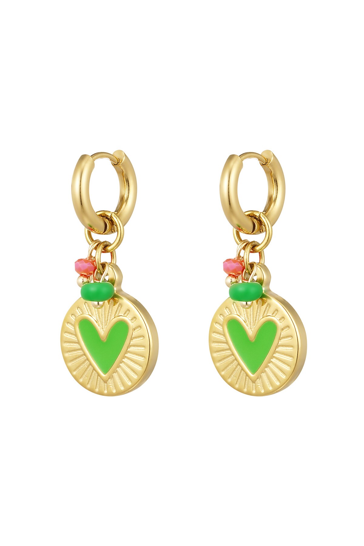 Earrings coin pendant with heart green - Gold color h5 