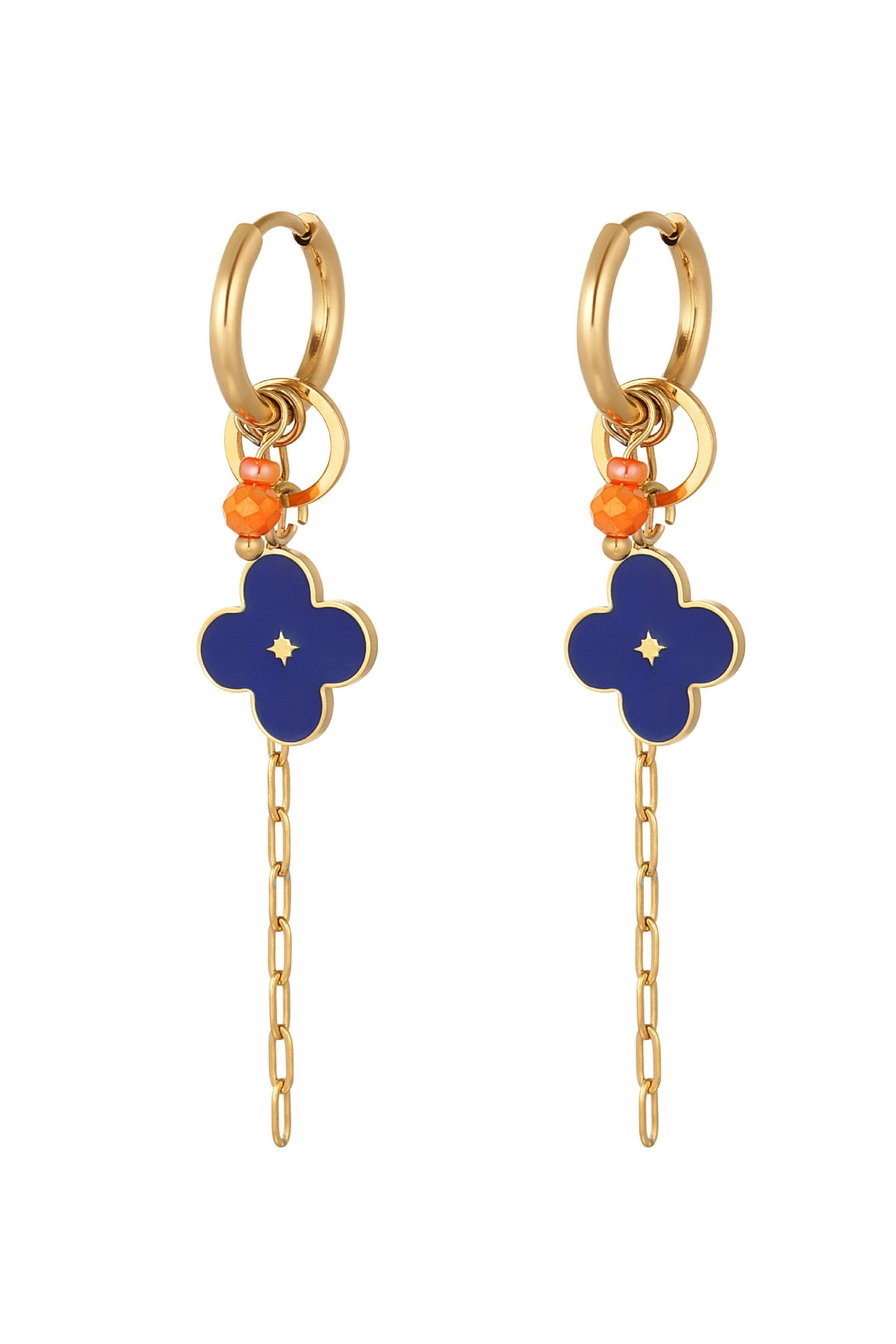 Earrings with clover and chain blue - Gold color h5 