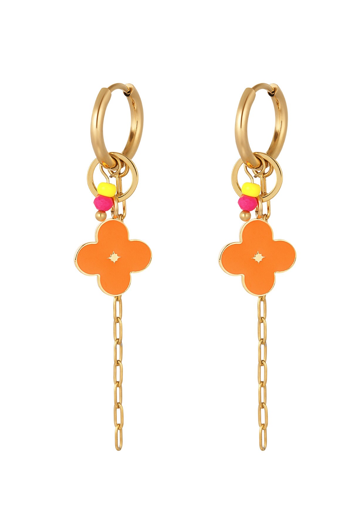 Earrings with clover and chain orange - Gold color h5 