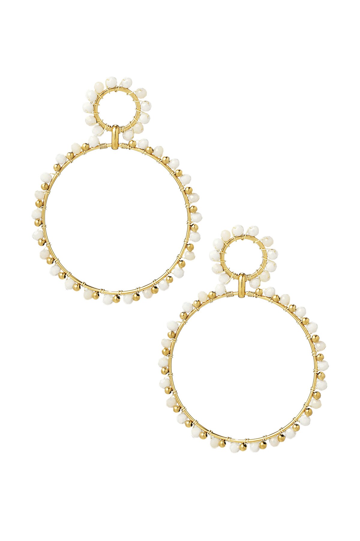 Earrings double beaded circles - gold/white 