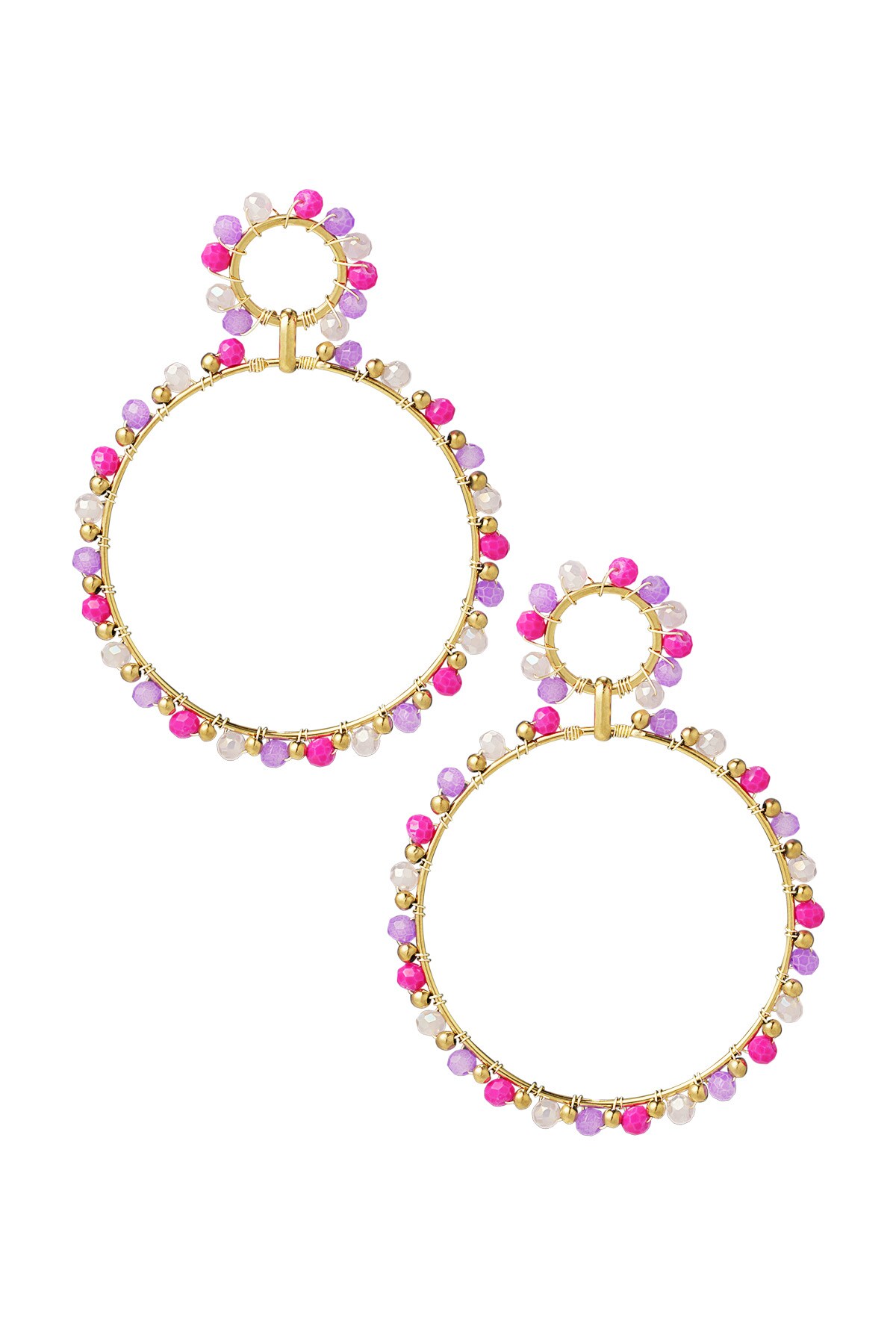 Earrings double beaded circles - gold/purple 