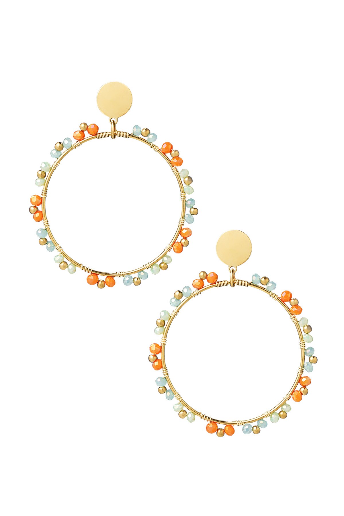 Round earrings beads - gold/blue/orange 