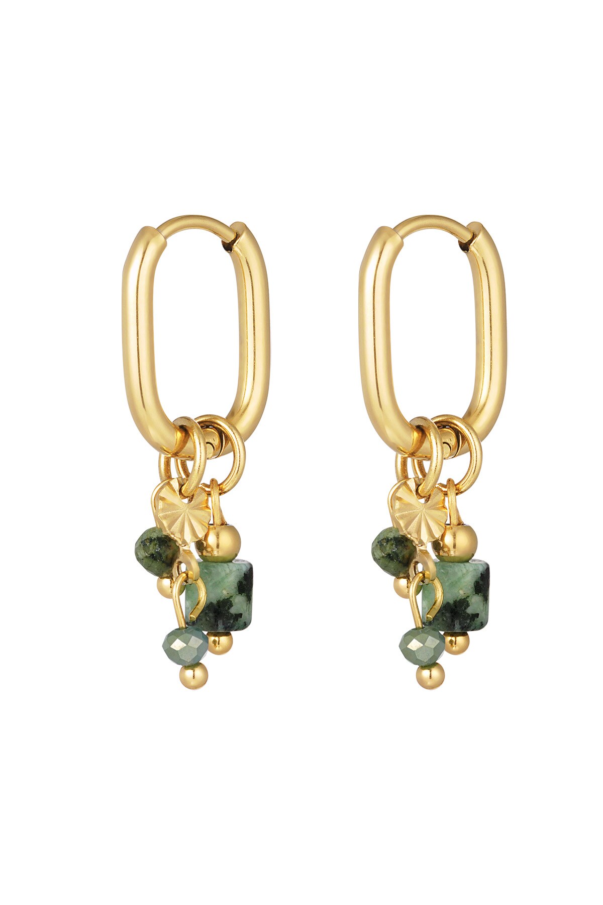 Earring with green & black beads - Gold color 