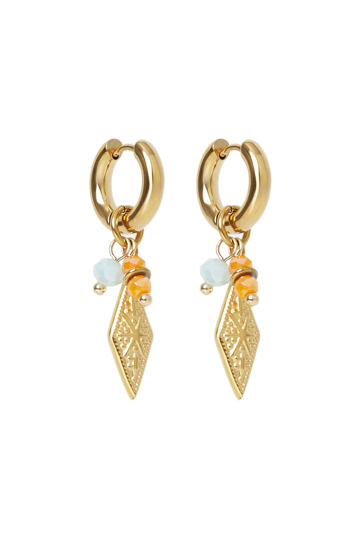 Earrings with diamond-shaped charm and beads Gold/Multi Stainless Steel h5 