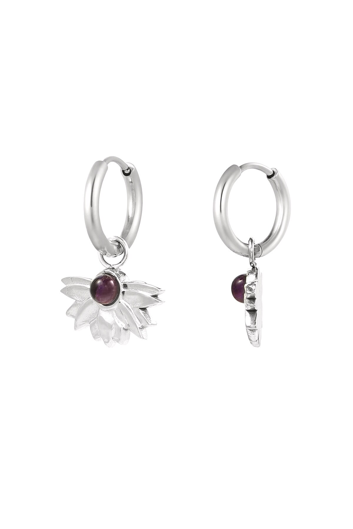 Earrings half flower with stone - Silver color h5 