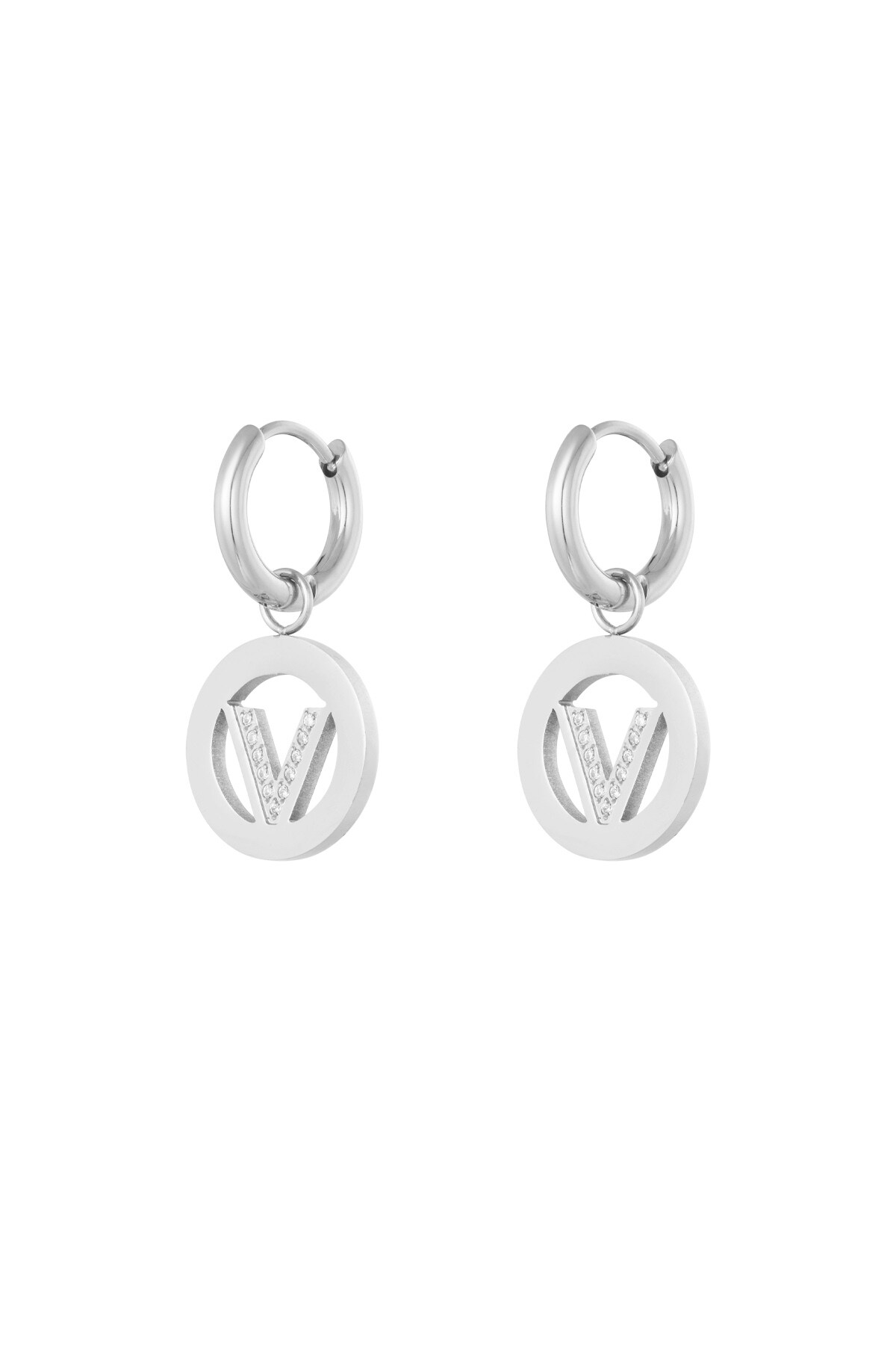 Earrings round V - Silver color h5 