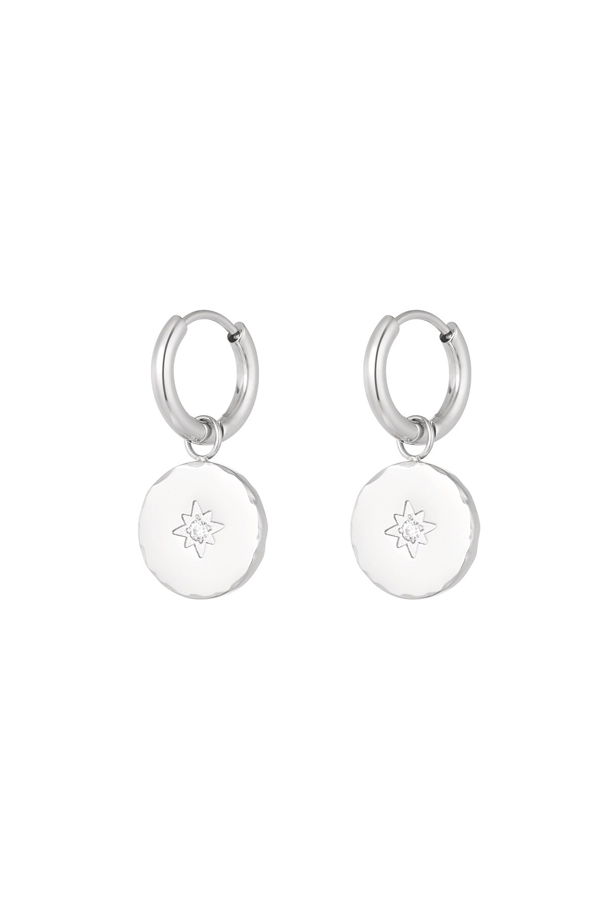 Minimalist round earrings with star - Silver color h5 