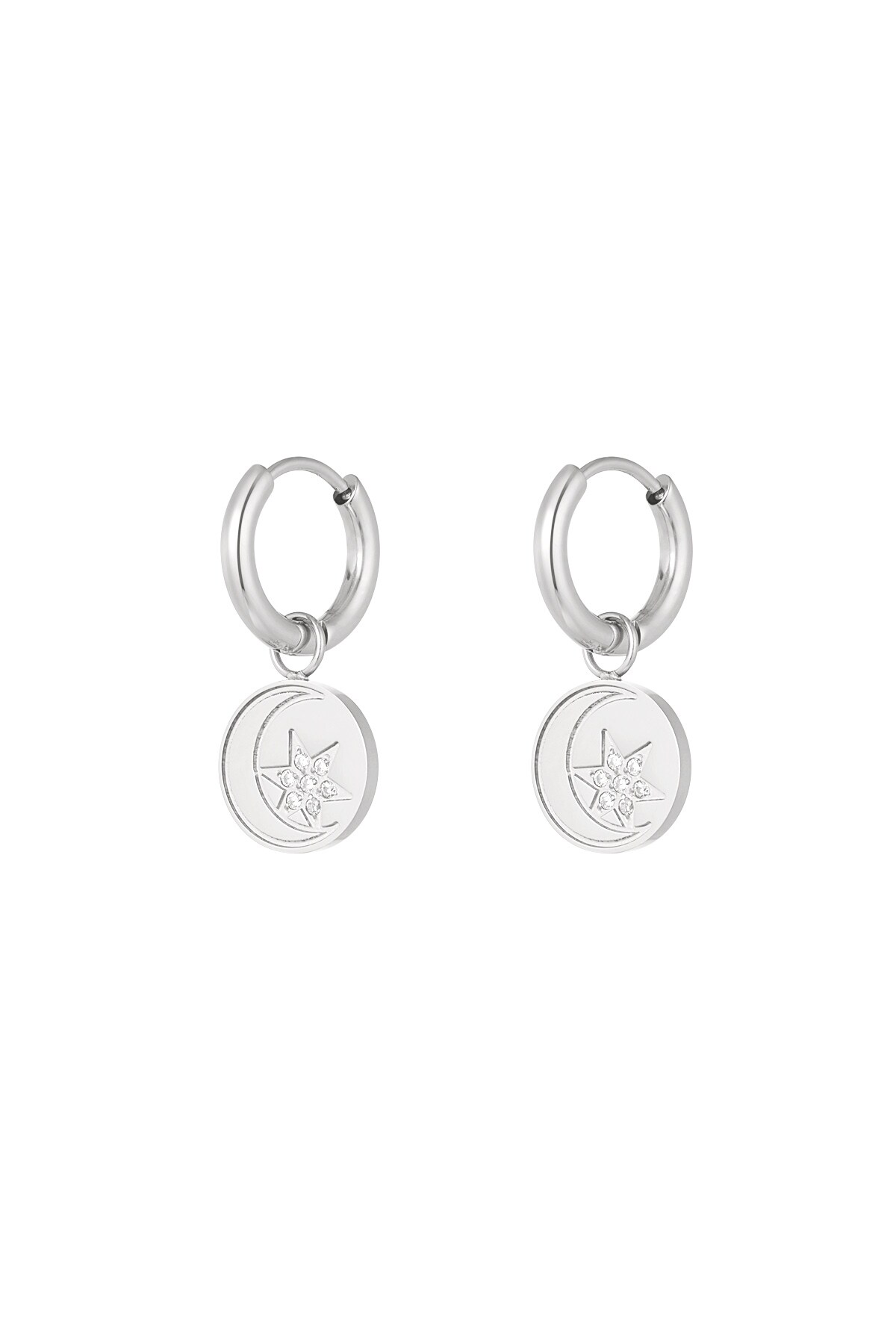 Minimalist round earrings with star and moon - Silver color h5 