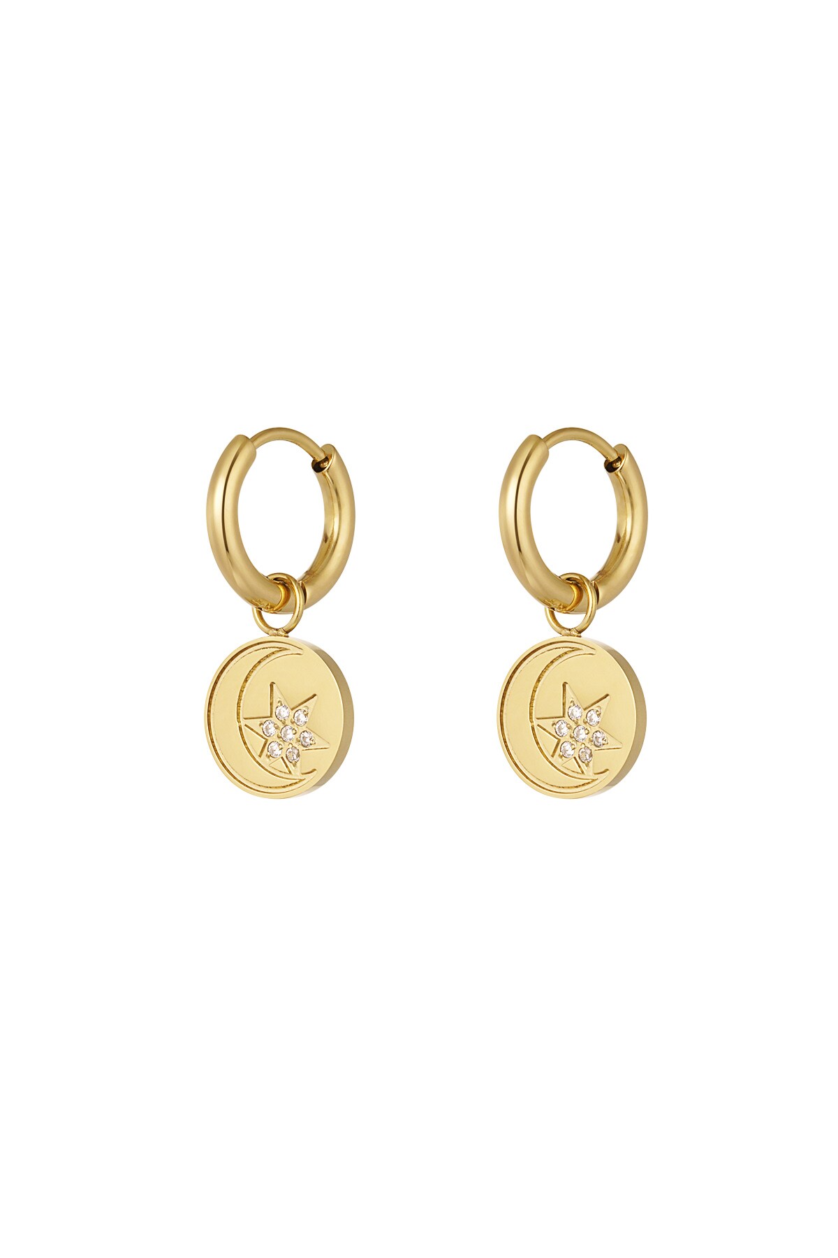 Minimalist round earrings with star and moon - Gold color h5 