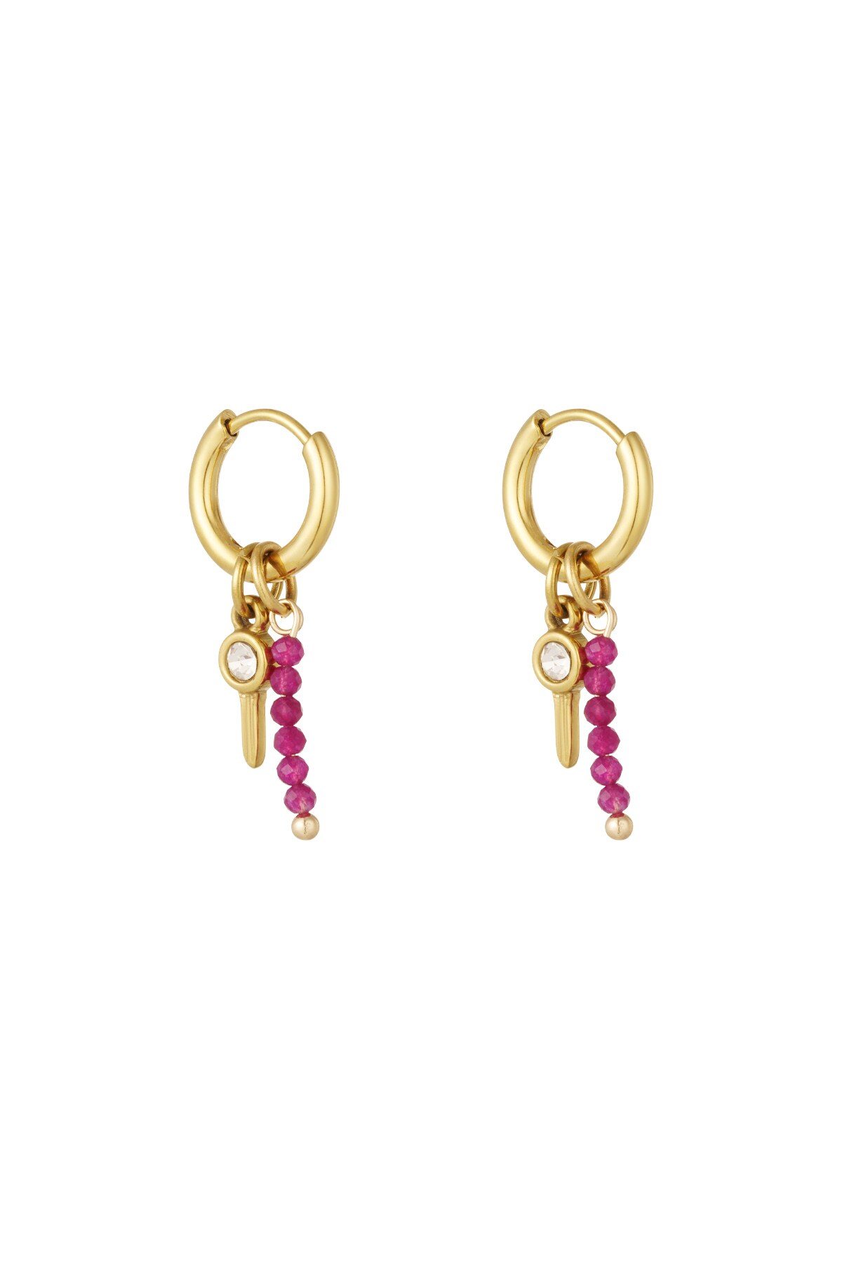 Earrings beads with charm - gold/fuchsia 