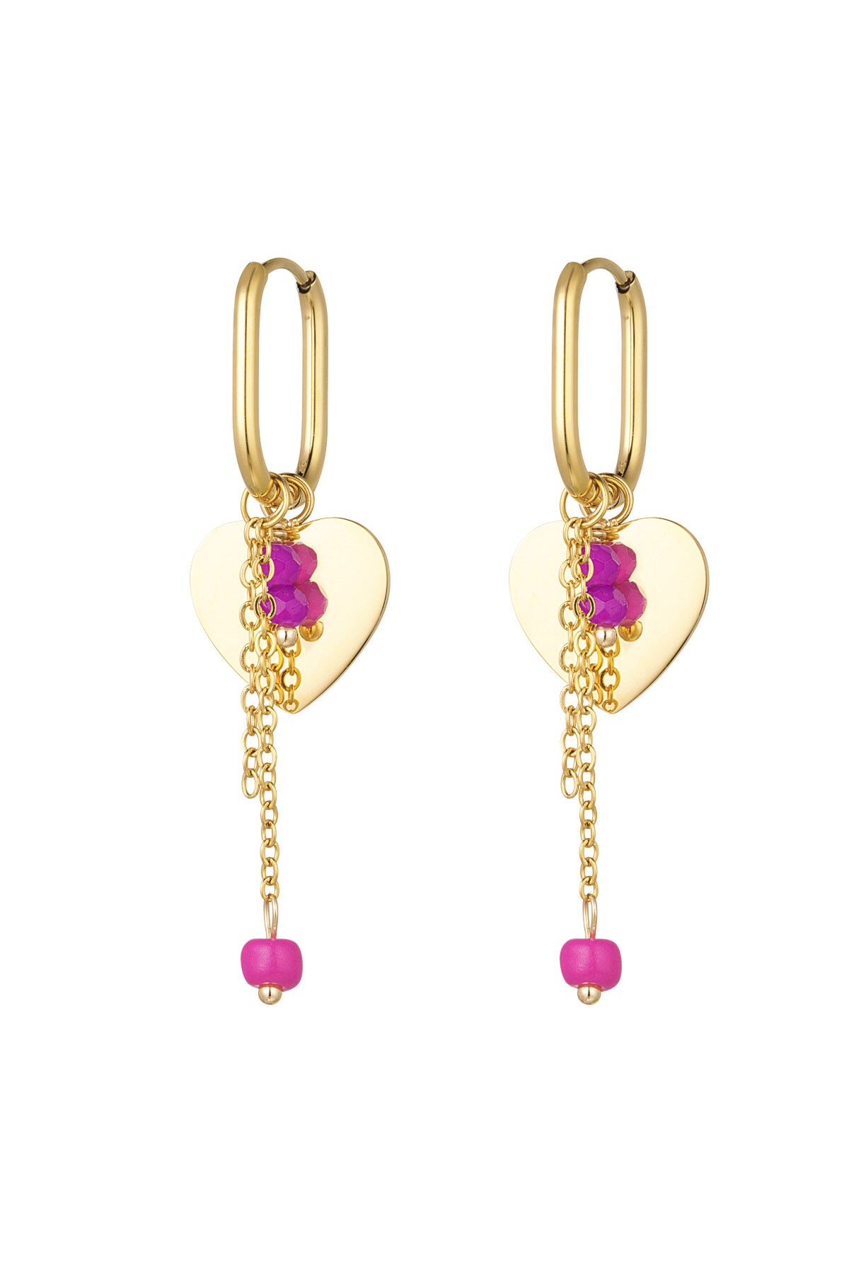 Earrings heart with chain and beads - gold/fuchsia 